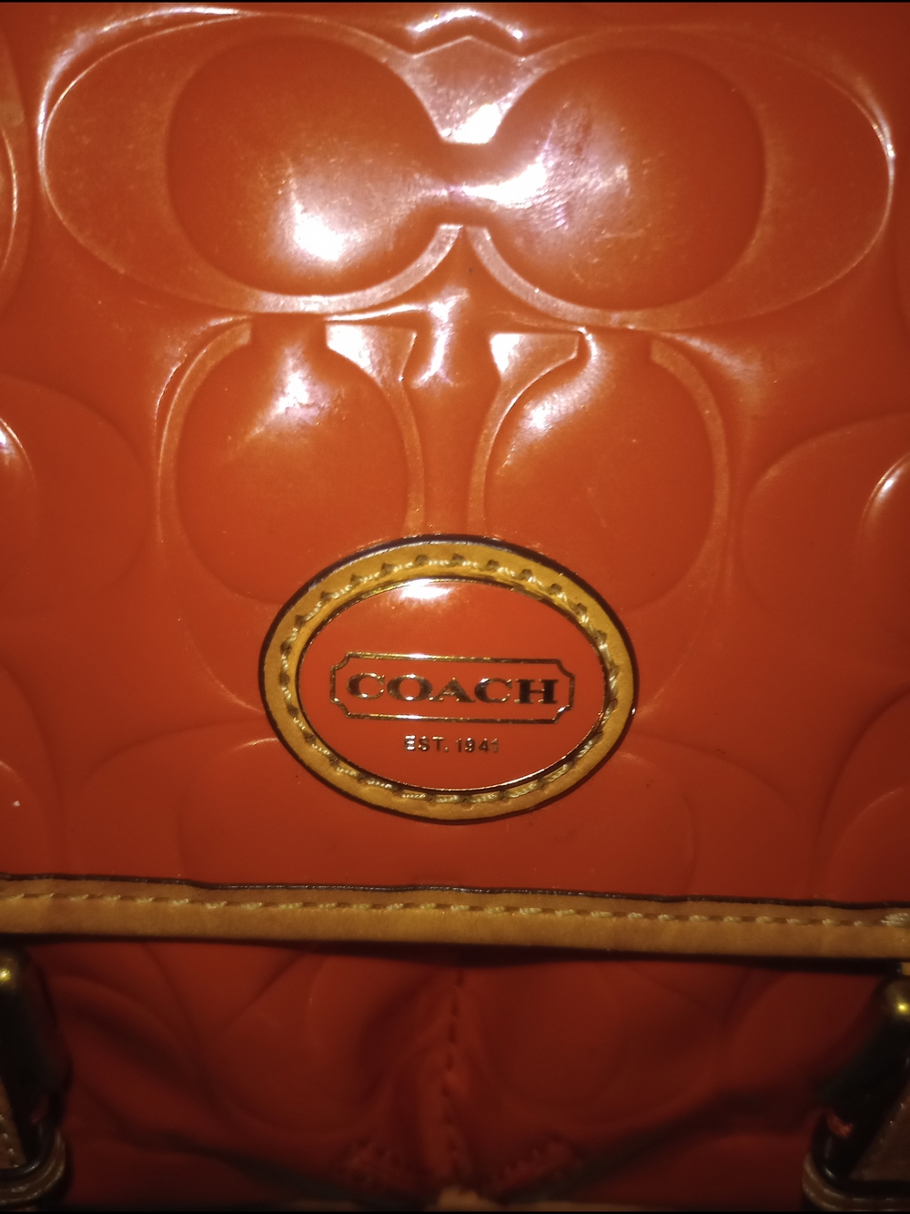 Coach F49082 Peyton Embossed Field Bag Papaya with tan strap and tan trim. - Picture 7 of 11